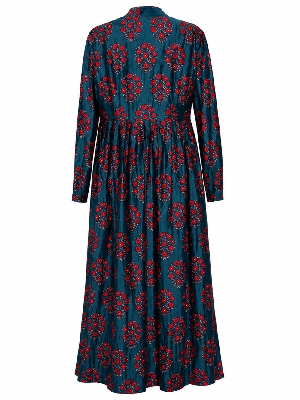 Vintage Teal Red Floral Satin Boho Maxi Dress Mandarin Collar Cottagecore - Picture 4 of 14